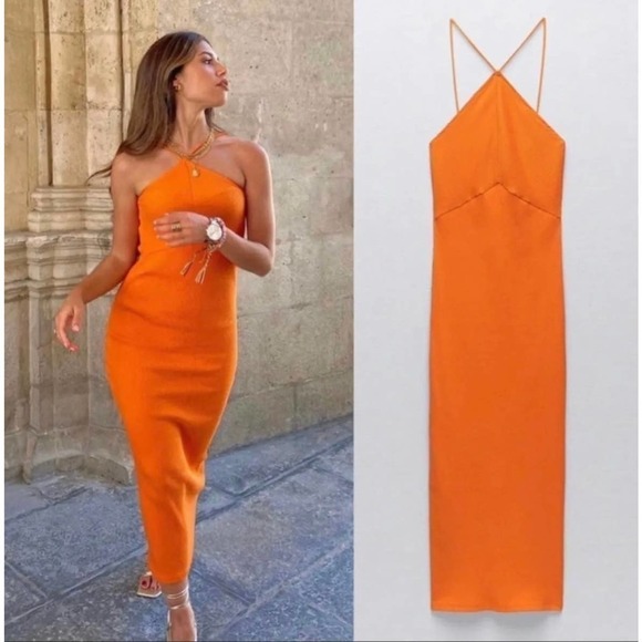 Gently Worn Zara Orange Ribbed High Neck Midi Dress size SML - Picture 7 of 7